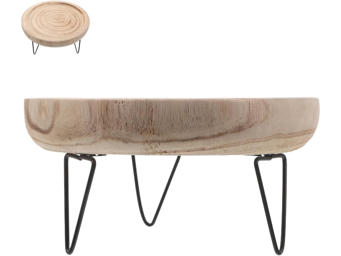 Bandeja Decorativa Redonda Nuobesty Em Madeira Natural Com Suporte Tripé De Ferro, Bandeja De Armazenamento