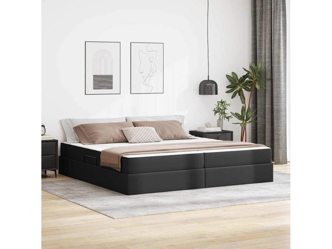 Vidaxl Cama Com Arrumação E Colchão 2 Unid. Preto Couro