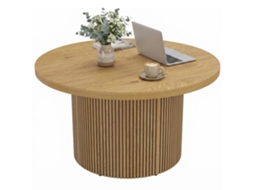 Mesa De Centro Redonda De Madeira. Mesa De Sala De Estar Com Pés Canelados. Estilo Moderno. Efeito Madeira Natural.
