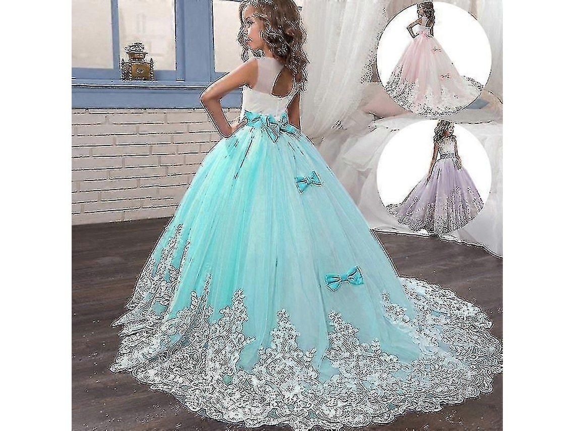 Vestido de renda longo para meninas, festa formal, azul, 4-14 anos, 8-406