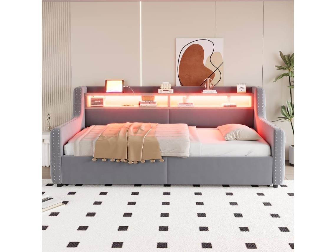 Sofá-cama 90x200 Cm - Com Armazenamento Hidráulico, Led, Tomada E Usb - Cinza Claro
