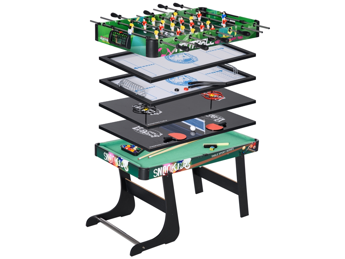 Mesa de Jogos 6 em 1 Dobrável Bilhar Matraquilho Ping Pong Lançamento de Anéis Hóquei com Bastão e Hóquei com Discos Multicor 118x104x71cm