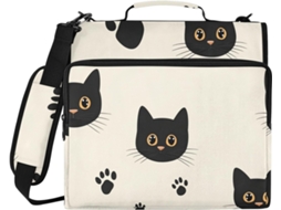 Pasta De Argolas Com Estampa Gato Preto Fofo 3, 8cm 1, 5 Polegadas, Com Alça E Bolso Interno Zíper, Ideal Uso