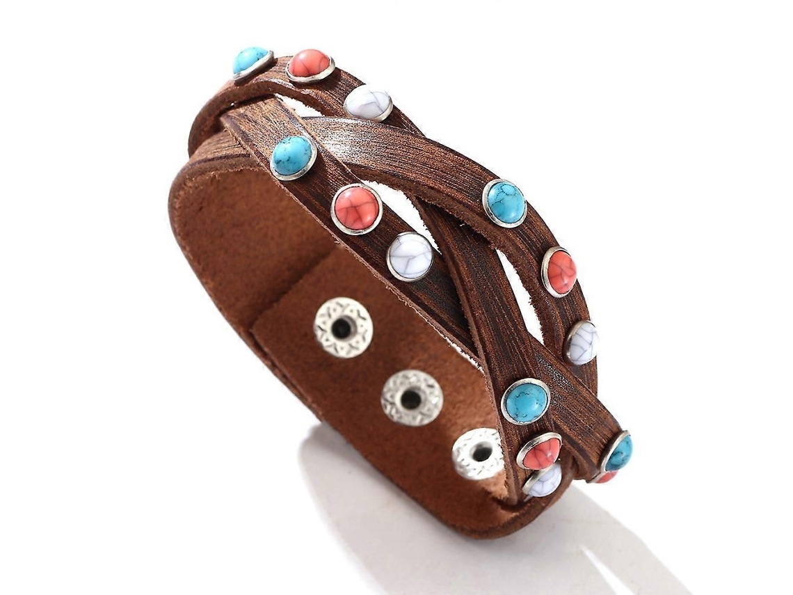 Pulseira De Couro Bovino Com Incrustações De Turquesa, Moderna E Versátil Para Mulheres.