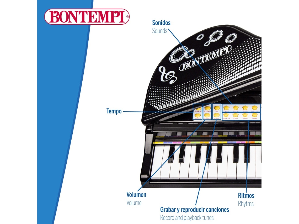 Piano de Cauda Infantil com Microfone e Banqueta 31 Teclas Bontempi  COLORBABY