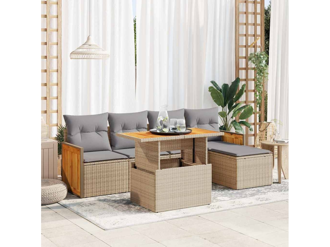 Vidaxl 6 Pcs Conjunto Sofás Jardim Com Almofadões Vime Pe/acácia Bege