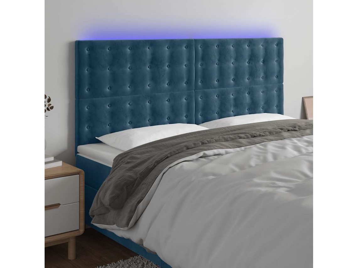 Vidaxl Cabeceira Cama C/ Luzes Led Veludo 180x5x118/128cm Azul-escuro