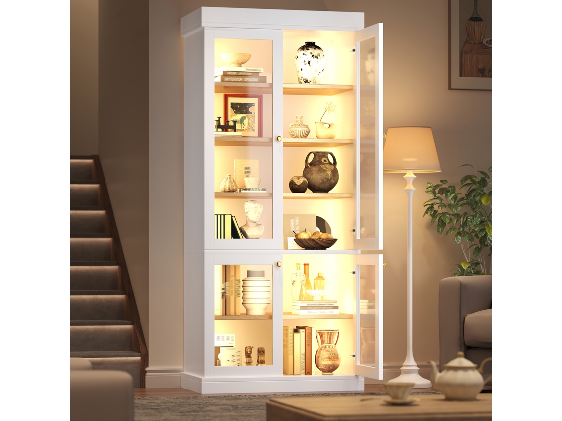 Armário Alto Moderno Com Iluminação Ambiente Led E Vitrine Em Vidro, Disposição Interior Cuidada Anti-tombamento Estável Cor Branca