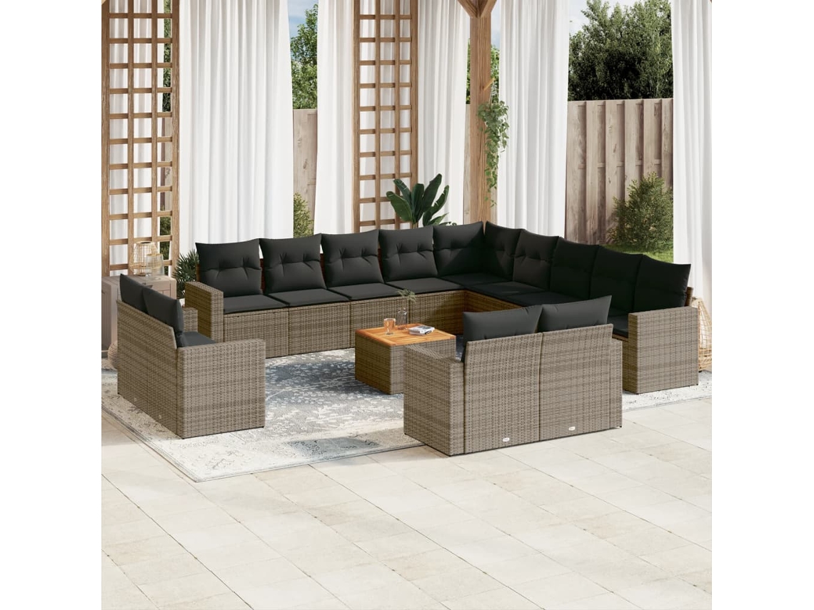 Vidaxl 14 Pcs Conjunto Sofás P/ Jardim C/ Almofadões Vime Pe Cinzento