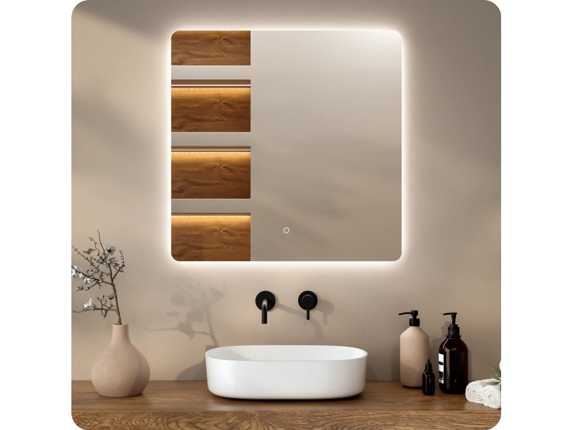 Mirlux Espelho De Banheiro Com Iluminação Led - Espelho De Parede Retangular - Anticondensação - 80x80cm