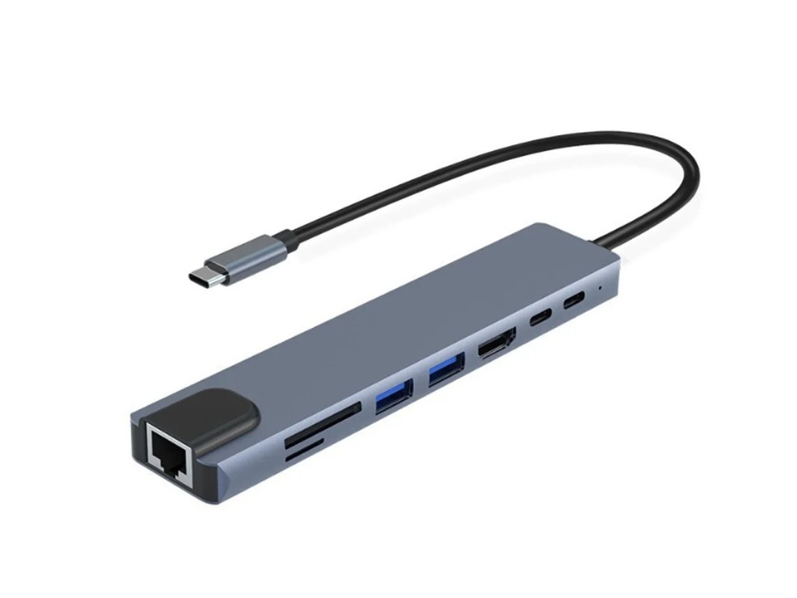 Hub USB-C Ethernet 4K, USB-C para HDMI, Hub Adaptador USB-C Multiportas 8 em 1, Tipo C Dock Dongle Compatível para MacBook Pro, Air, iPad, Cinza YIZHOOD