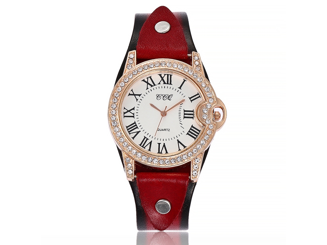 Relógio de Pulso Feminino de Quartzo com Pulseira de Couro Pu e Strass Romanos (vermelho)