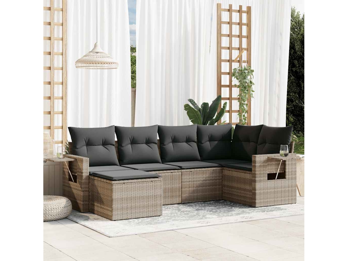 Vidaxl 6 Pcs Conj. Sofás Jardim Com Almofadões Vime Pe Cinzento-claro