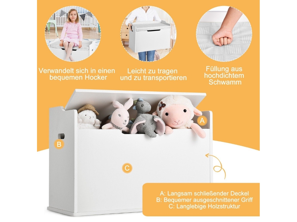 Caixa de Brinquedos 2 em 1 com Tampa e Almofada Baú Infantil Branco 74 X 39 X 52 Cm NORTHIO