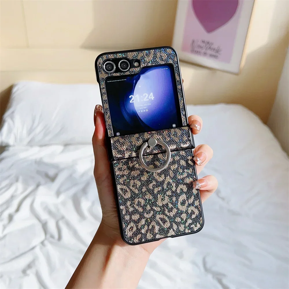 (marrom, Galaxy Z Flip4) Capa De Celular Personalizada Em Couro Com Estampa De Leopardo Sexy, Proteção Contra Quedas, Suporte De Anel