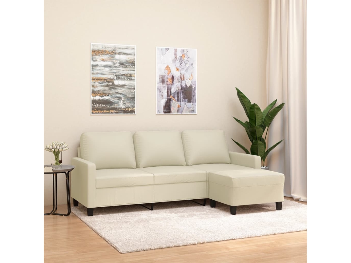 Sofá 3 Lugares | Sofá Da Sala | Sofá De Relaxamento C/ Apoio Pés 180 Cm Couro Artificial Cor Creme Wsd181045 Lovely Home