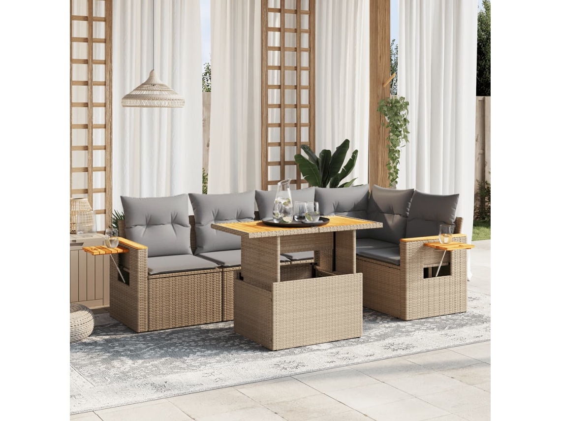 Vidaxl 6 Pcs Conjunto De Sofás P/ Jardim Com Almofadões Vime Pe Bege