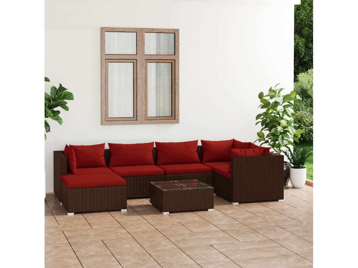 Vidaxl 7 Pcs Conjunto Lounge Jardim C/ Almofadões Vime Pe Castanho