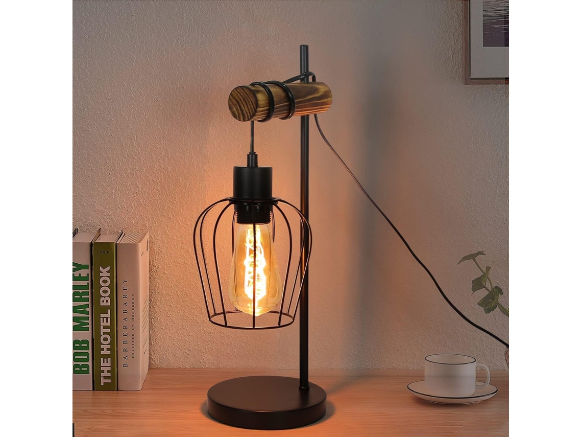 Nettlife Candeeiro De Mesa Retro 1 Chama Candeeiro De Cabeceira Vintage Em Metal E Madeira, Preto, Casquilho: E27, Interruptor, 40 W