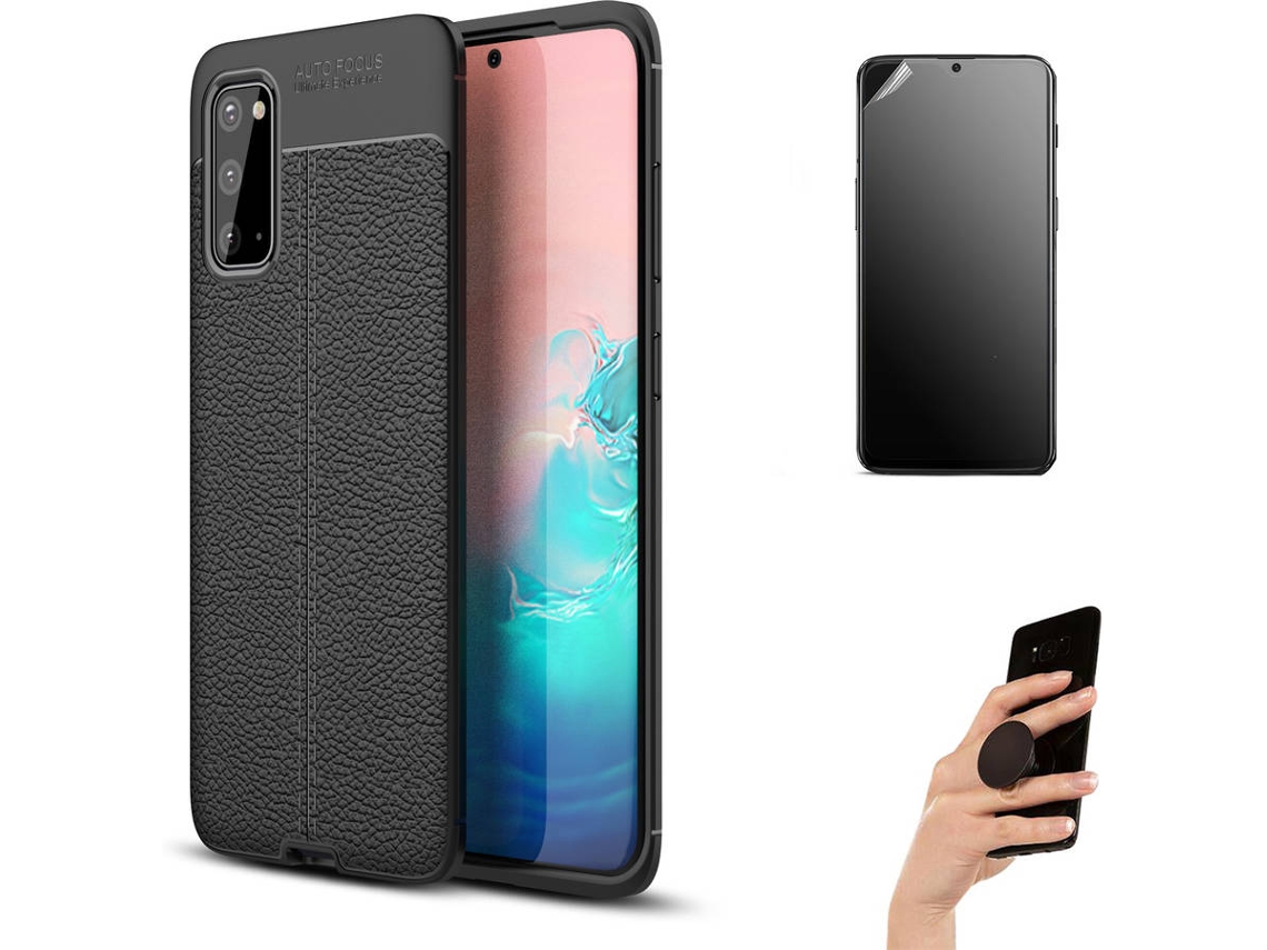 Kit Capa e Película Samsung S20 Ultimatte Rugged Leather e Popsocket Preto