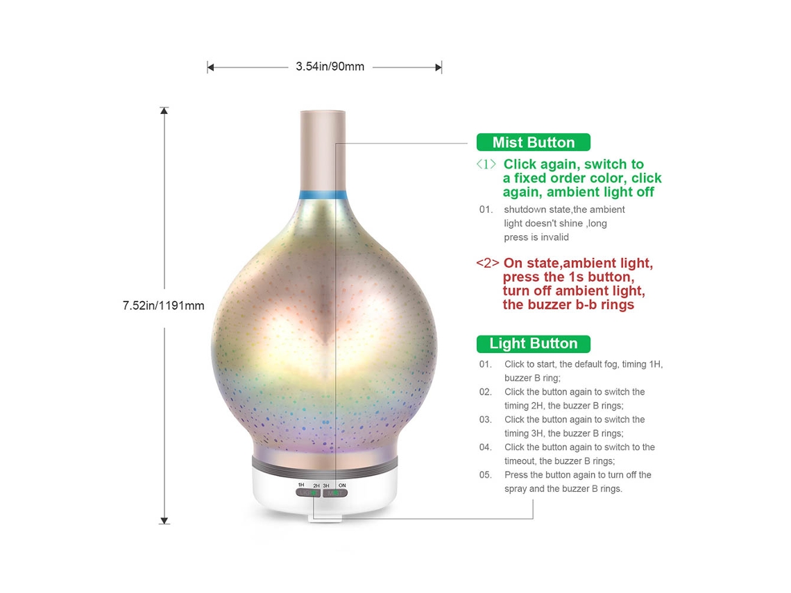 Difusor de óleos essenciais com LED e efeito de fogos de artifício 3D, umidificador ultrassônico