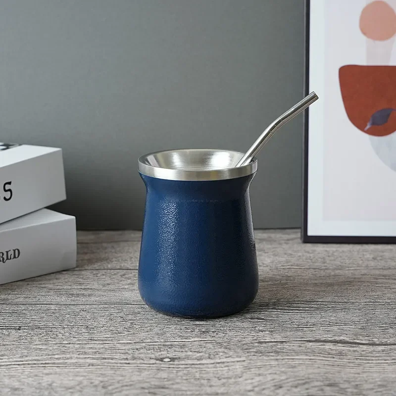 Xícara para Chá Mate , com Design de Parede Dupla a Vácuo, Acompanha Canudo, Feita de Aço Inoxidável 304. MDUG (240ml, Azul)