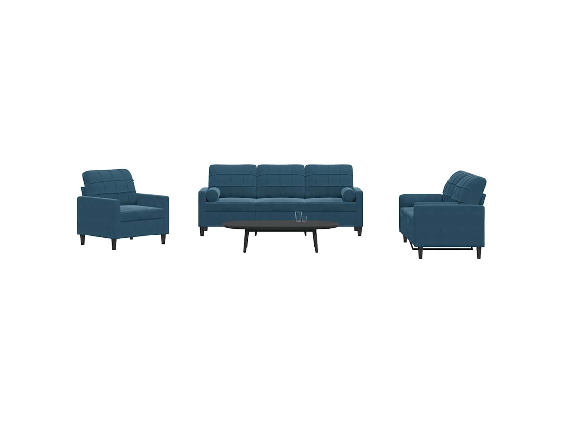 Vidaxl 3 Pcs Conjunto De Sofás Com Almofadões E Rolos Veludo Azul