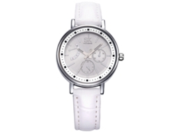 Relógio de Pulso Feminino Simples Sk de Quartzo com Pulseira Pu e Mostrador Analógico Redondo Branco