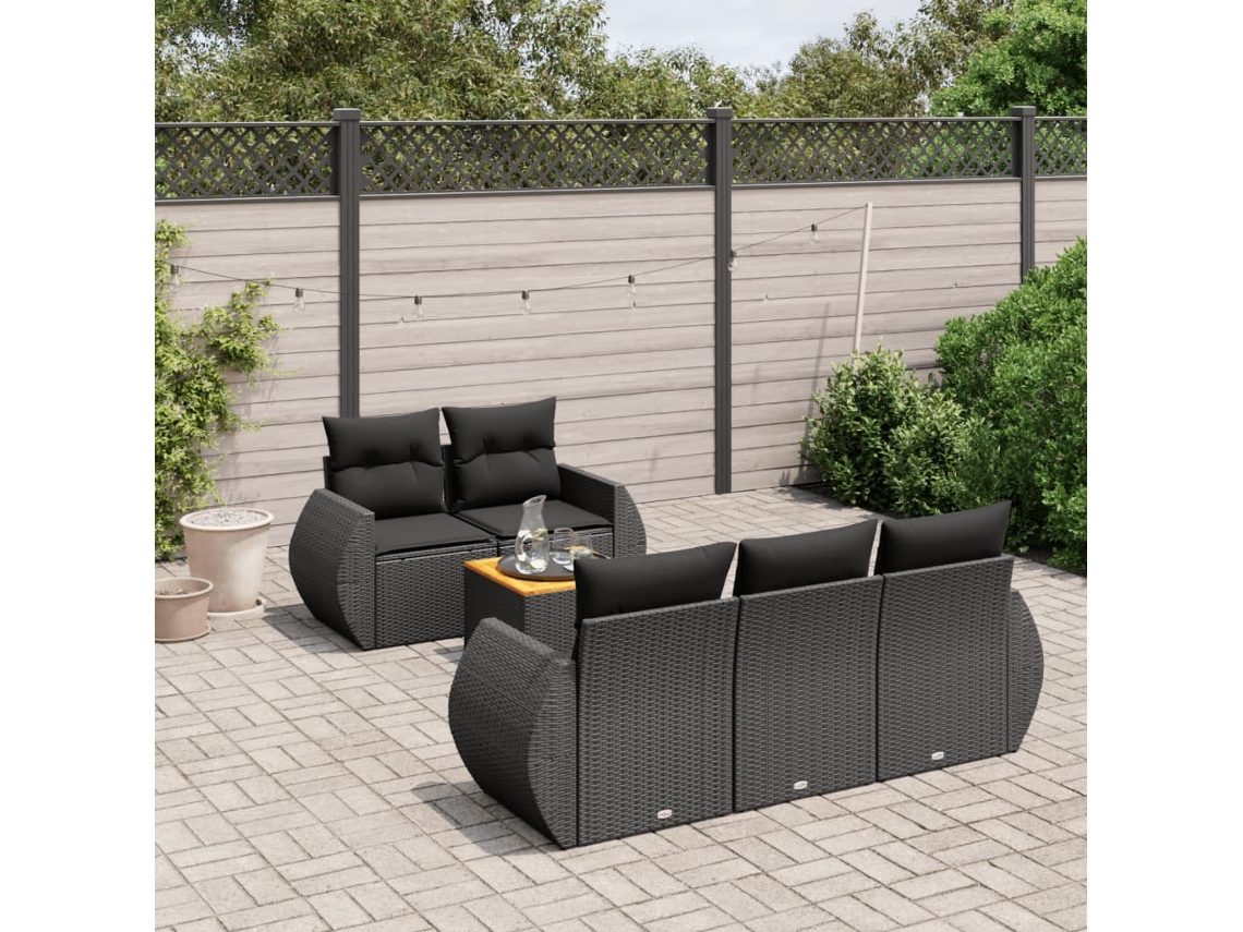 6 Pcs Conjunto Sofás De Jardim C/ Almofadões Vime Pe Preto Dkd Home Decor