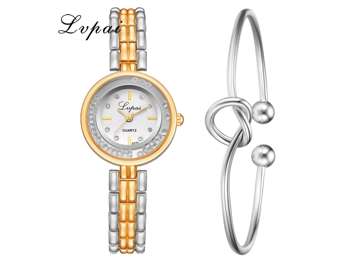 Relógio de Pulso Feminino Lvpai Conjunto Pulseira Quartzo Prata Ouro Branco