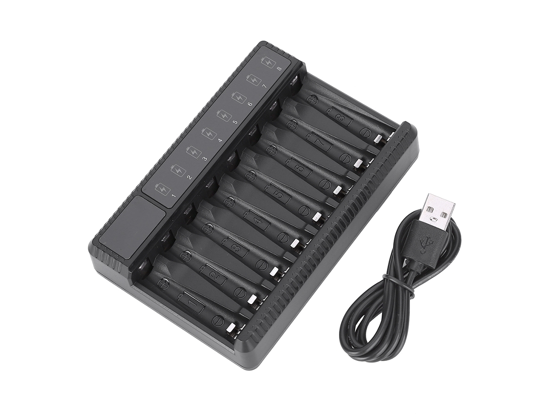 Carregador portátil inteligente Seivi com 8 slots, USB e visor, para pilhas AA, AAA, Ni-MH e Ni-Cd, ideal para viagens.