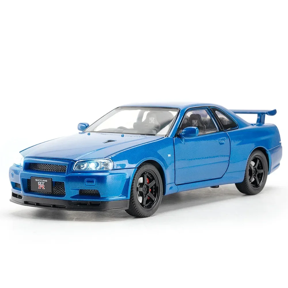(r34 Azul) Miniatura De Carro Esportivo Gtr Em Escala 1:24, Com Portas Que Abrem, Música E Luzes.