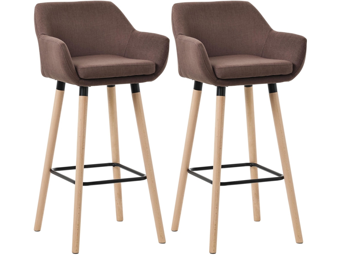 Conjunto de 2 banquetas de bar com design escandinavo, assentos em tecido cor café, pés de madeira e apoios para os pés em metal 10_0004176