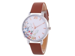 Relógio Feminino de Quartzo com Pulseira de Couro Pu e Mostrador Floral Moda Luxuosa Café