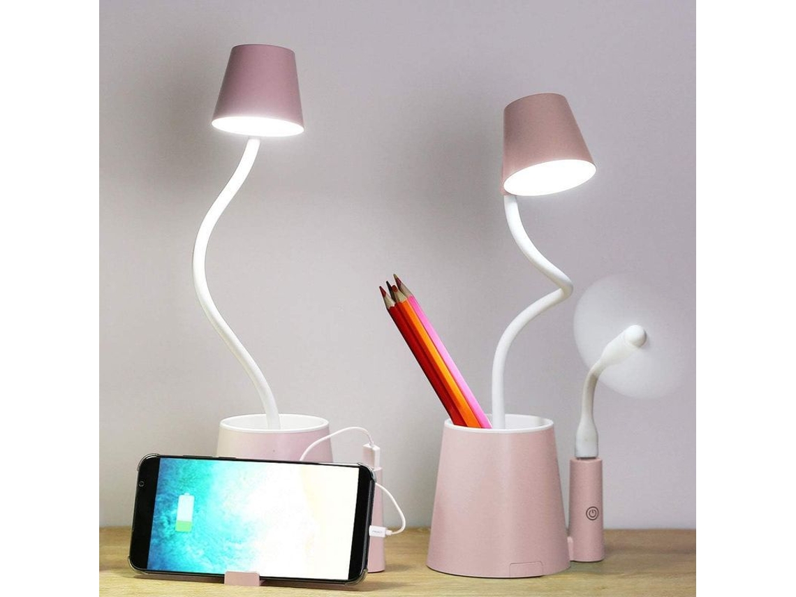 Lâmpada De Escritório Led Para Crianças Com Porta Lápis, Suporte Para Telefone E Usb, Carregável, Rosa