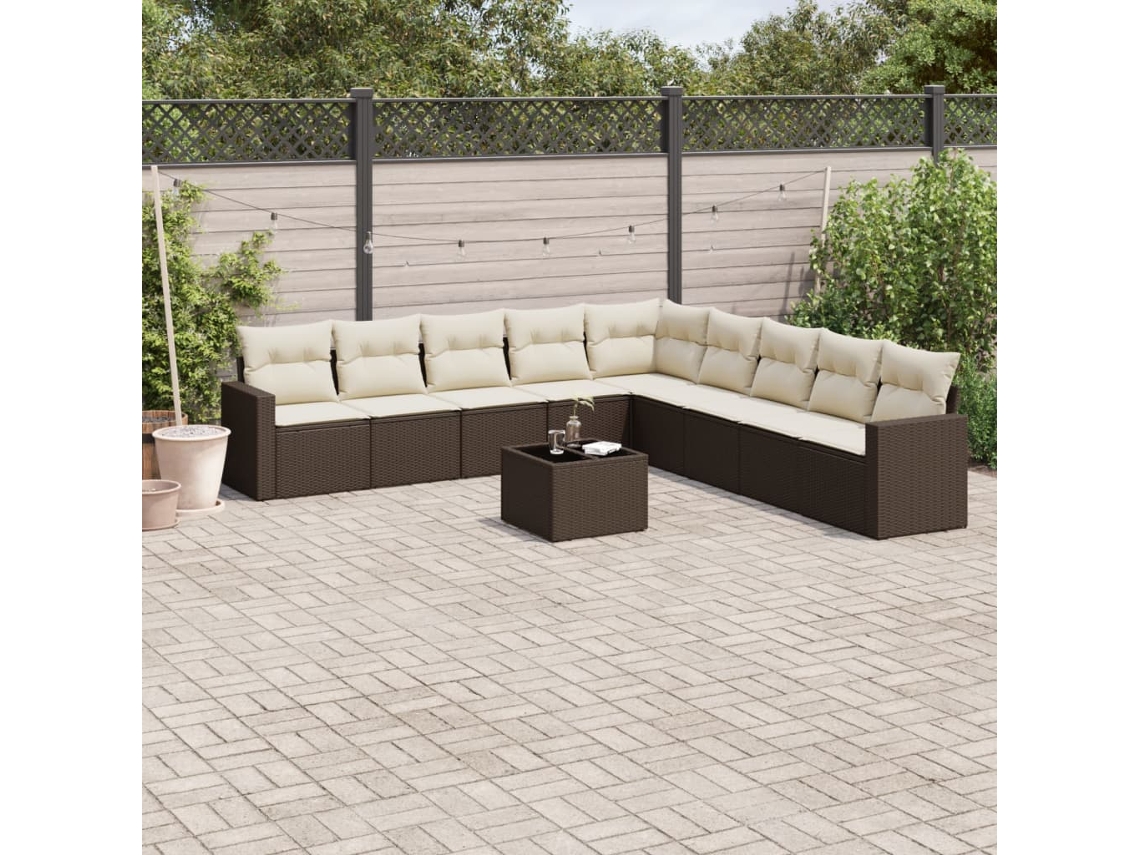 Vidaxl 10 Pcs Conj. Sofás Jardim Com Almofadões Vime Pe Castanho