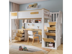 Cama Alta Em Madeira Maciça E Mdf Branco Com Acabamento Em Madeira Natural 90x20