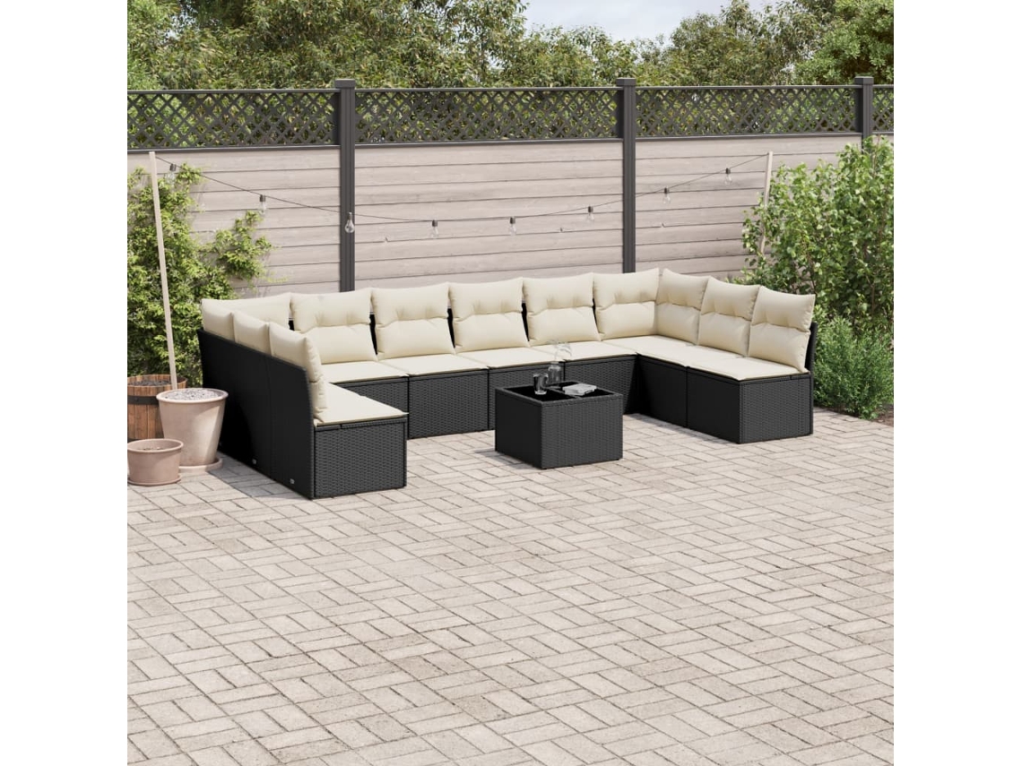 Vidaxl 11 Pcs Conjunto Sofás de Jardim C/ Almofadões Vime Pe Preto