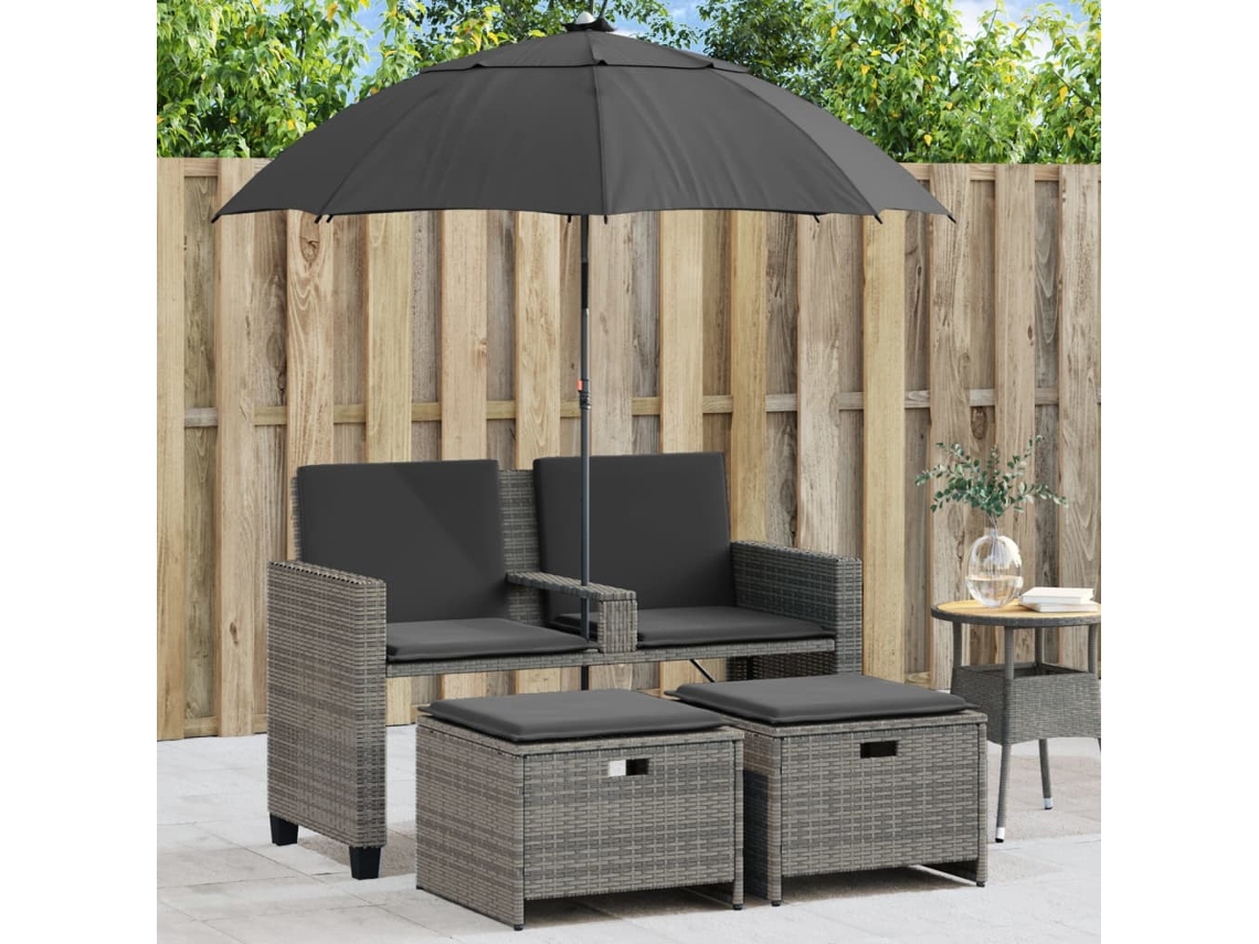 Vidaxl Sofá De Jardim 2 Lugares Com Guarda-sol Bancos Vime Pe Cinzento