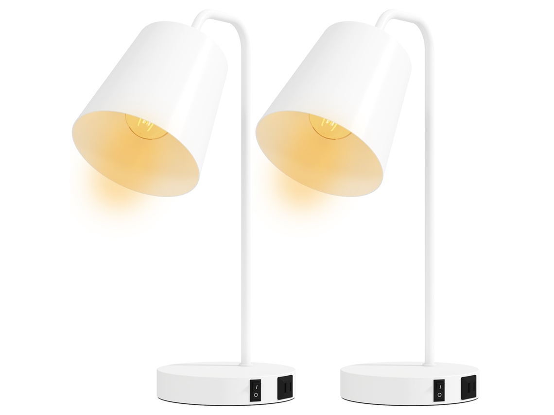 Conjunto De 2 Candeeiros De Mesa Modernos Em Aço Branco Com Portas Usb E Base E27