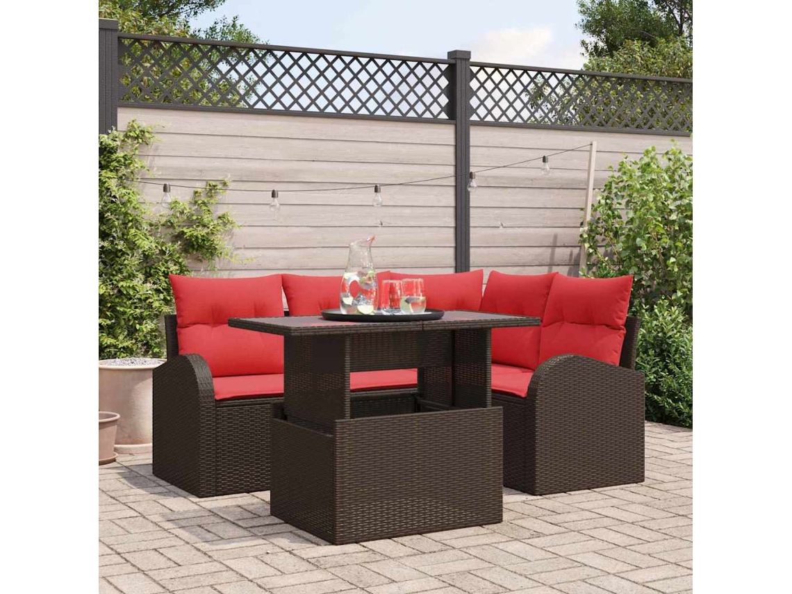 Vidaxl Conjunto De Sofá De Jardim 5 Pcs Marrom E Vermelho Vime Pe