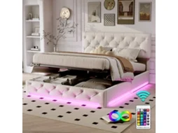 Cama Estofada 160x200 Cm, Cama De Casal, Com Luzes Led, Com Caixa De Armazenamento, Com Cabeceira E Estrutura De Ripado, Tecido De Linho Bege