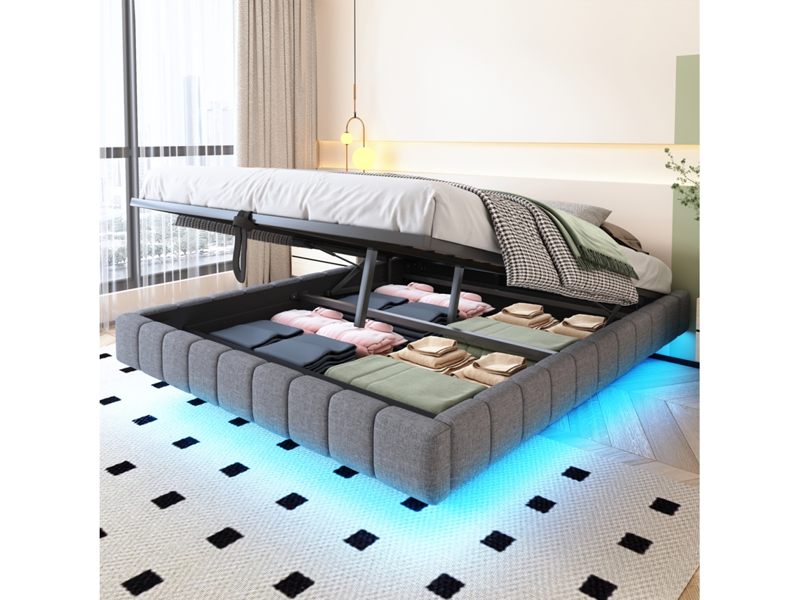 Cama suspensa 160x200 cm com LED, sem cabeceira, hidráulico, roupa de cama cinza VSOGA