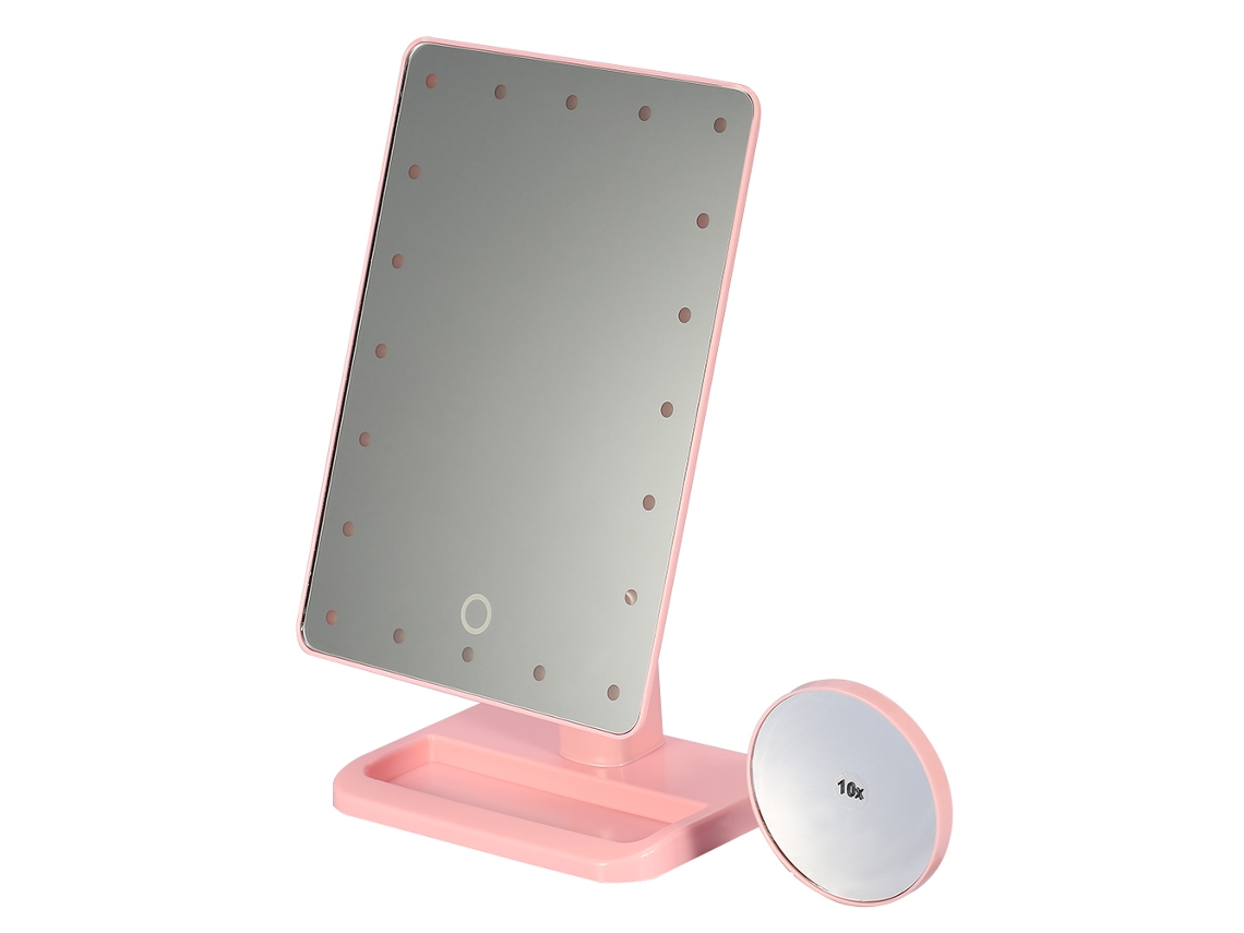 Espejo de maquillaje Vantage con pantalla táctil rosa, 20 LED y aumento de 10x