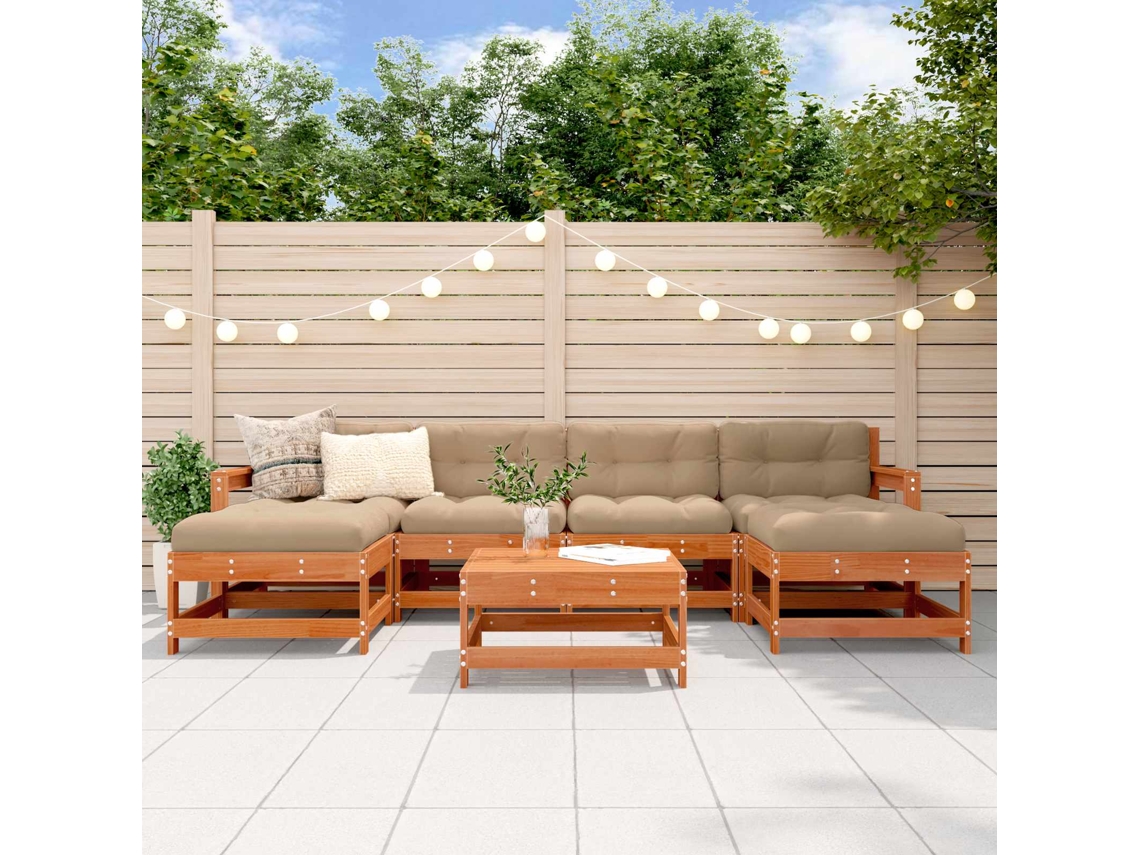 Vidaxl Conjunto de Lounge de Jardim 7 Pcs Pinho Castanho Cera