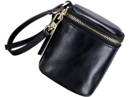 Mini Couro Necessaire Preta Com Cordão, Bolsa Pequena Para Itens de Higiene Pessoal.
