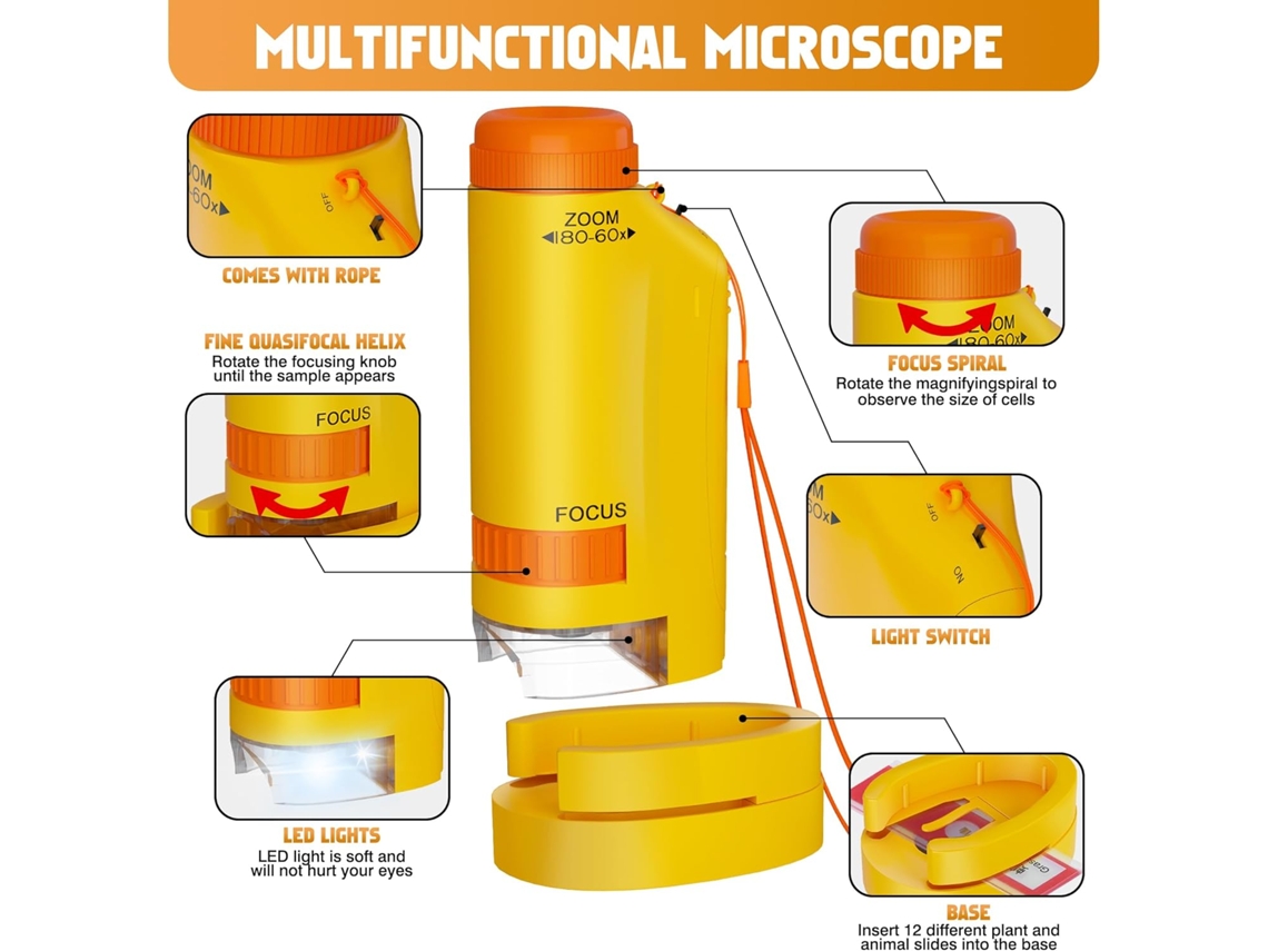 Microscópio Portátil Infantil com Zoom de 60x e 180x para Crianças 3 a 10 Anos Ou Mais BRILVIBERA (amarelo)