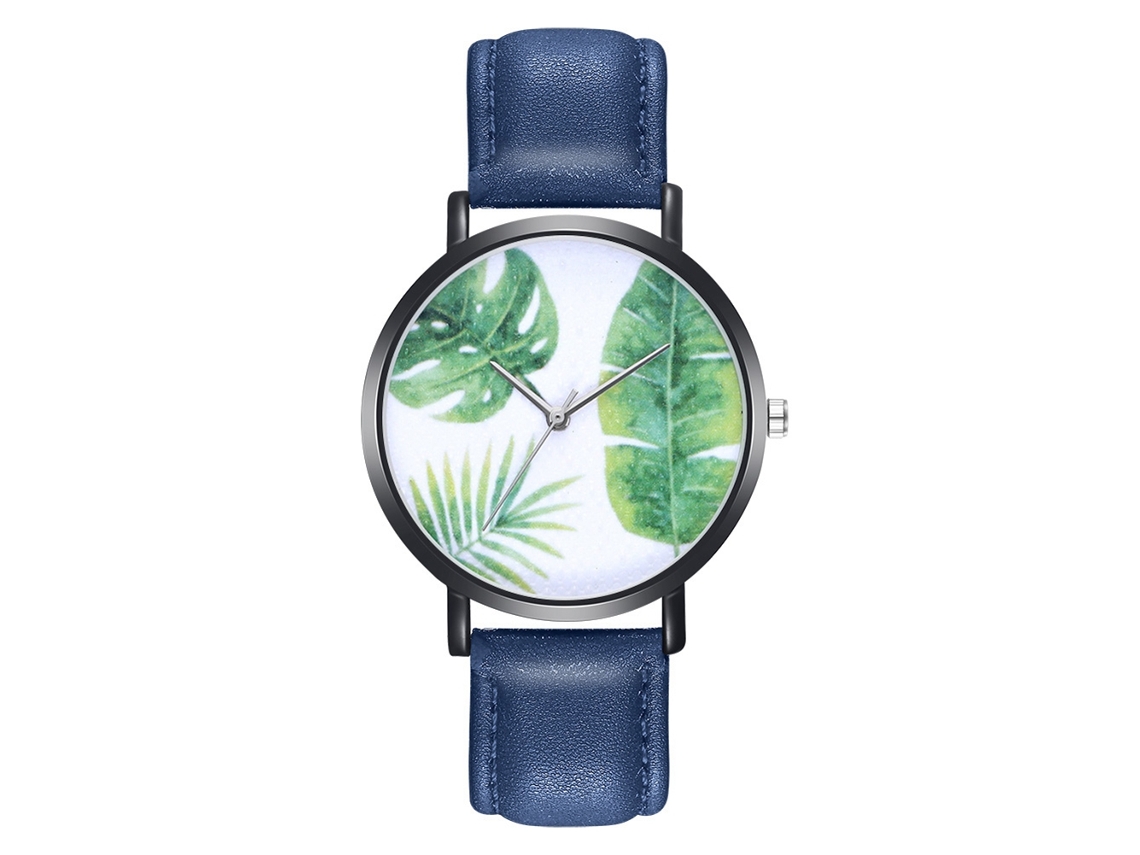 Reloj De Cuarzo Unisex Con Correa De Cuero Pu Patrón De Hojas Simple Zhoulianfa Azul