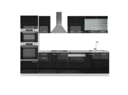 Cozinha R-Line, 300 cm com armário alto, Mármore PT, Preto Alto Brilho, Vicco
