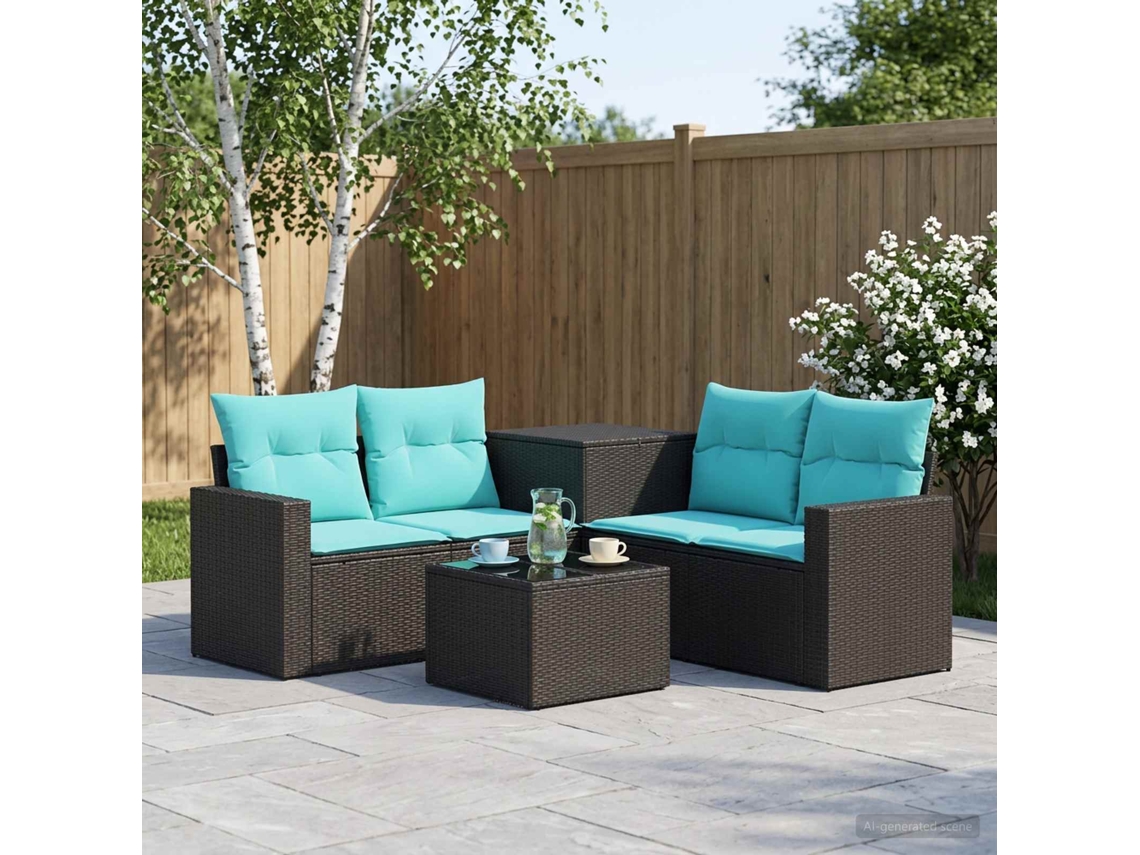 Vidaxl Conjunto De Sofás 6 Unid. Preto E Azul Rattan Poliéster E Aço